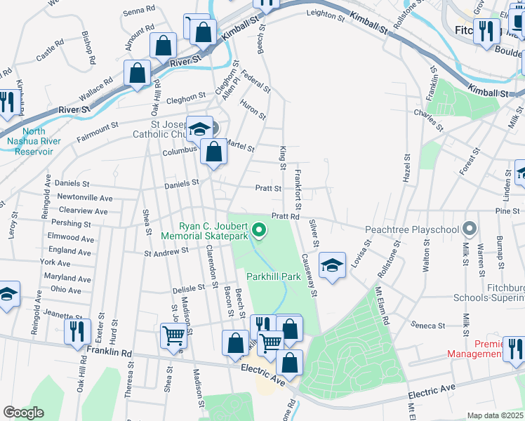 map of restaurants, bars, coffee shops, grocery stores, and more near 228 Pratt Road in Fitchburg