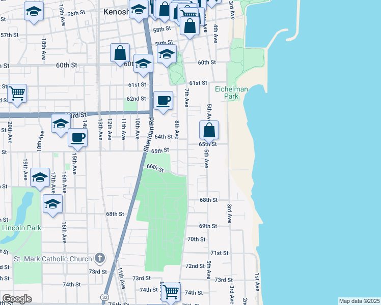 map of restaurants, bars, coffee shops, grocery stores, and more near 522 65th Street in Kenosha