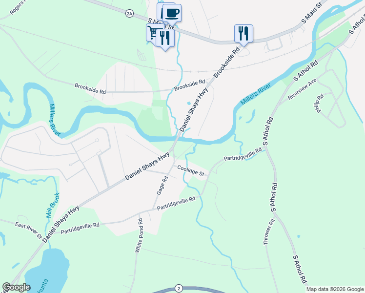 map of restaurants, bars, coffee shops, grocery stores, and more near 156-414 Daniel Shays Highway in Athol