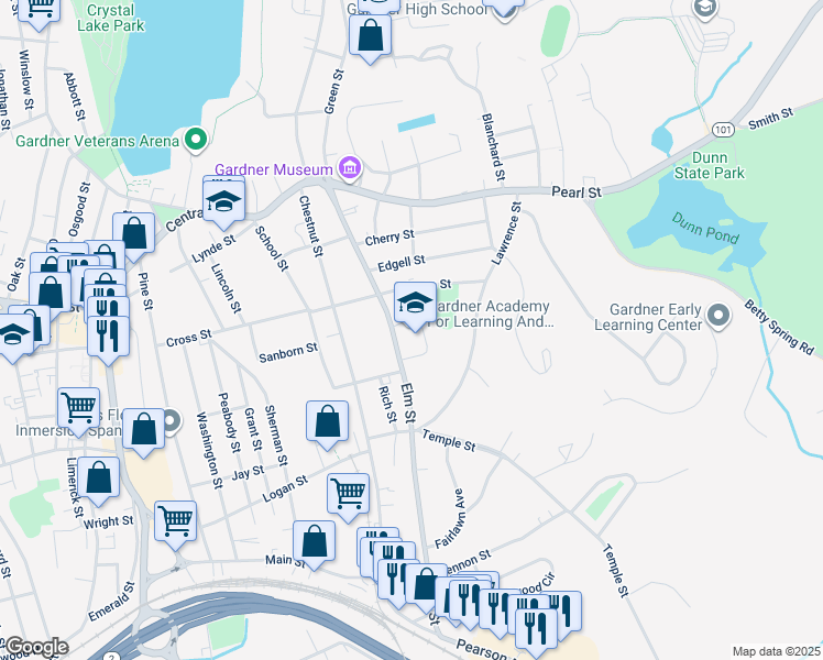 map of restaurants, bars, coffee shops, grocery stores, and more near 160 Elm Street in Gardner