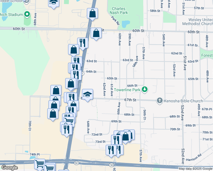 map of restaurants, bars, coffee shops, grocery stores, and more near 6512 62nd Avenue in Kenosha