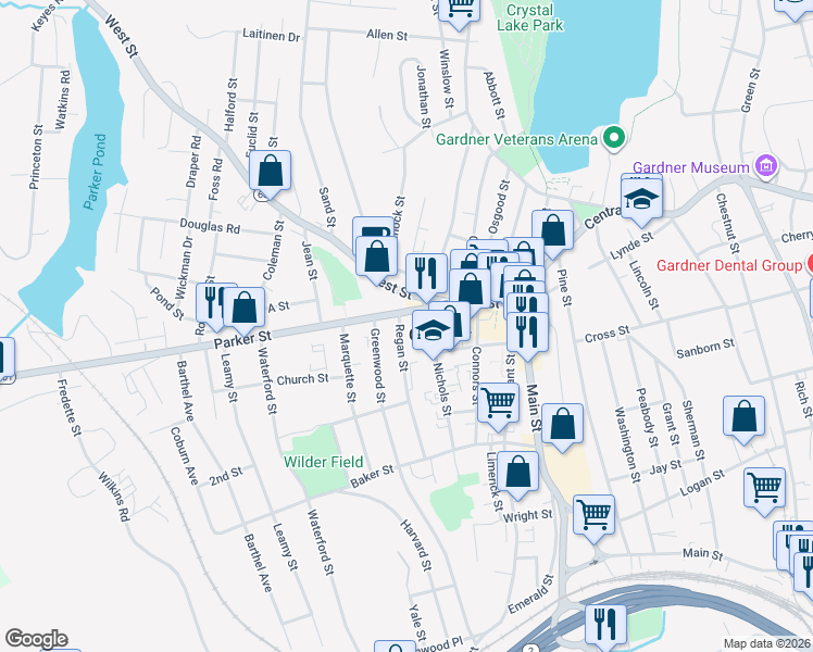 map of restaurants, bars, coffee shops, grocery stores, and more near 193 Parker Street in Gardner