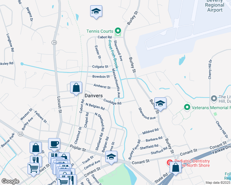map of restaurants, bars, coffee shops, grocery stores, and more near 20 Amherst Street in Danvers