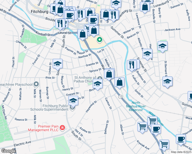 map of restaurants, bars, coffee shops, grocery stores, and more near 53 Salem Street in Fitchburg