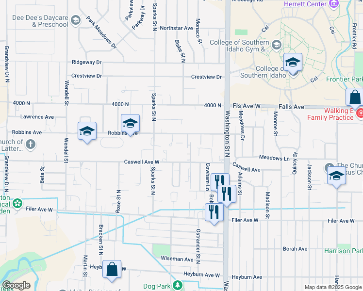 map of restaurants, bars, coffee shops, grocery stores, and more near 293 Robbins Avenue in Twin Falls