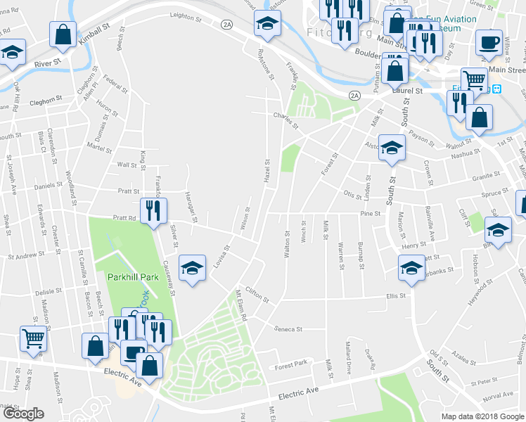 map of restaurants, bars, coffee shops, grocery stores, and more near 401 Rollstone Street in Fitchburg