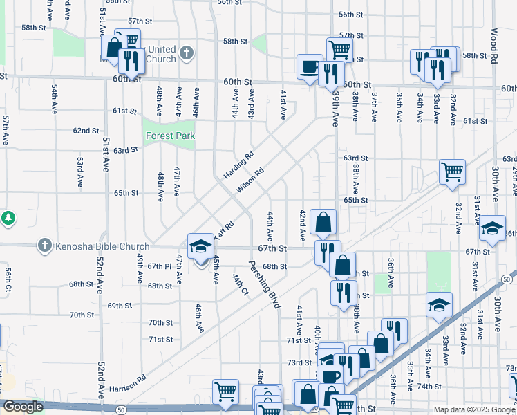 map of restaurants, bars, coffee shops, grocery stores, and more near 4327 Taft Road in Kenosha