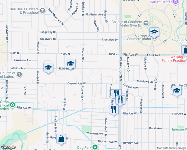 map of restaurants, bars, coffee shops, grocery stores, and more near 293 Robbins Avenue in Twin Falls