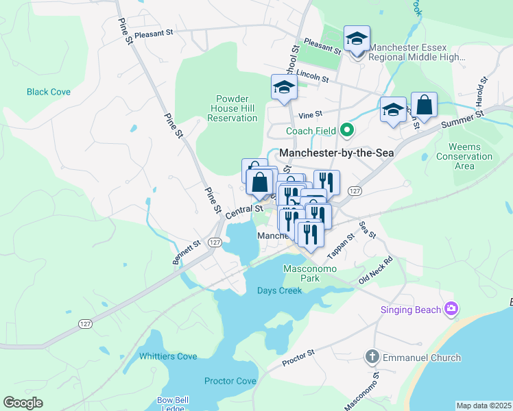 map of restaurants, bars, coffee shops, grocery stores, and more near 6 Elm Street in Manchester-by-the-Sea