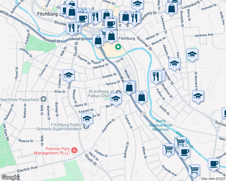 map of restaurants, bars, coffee shops, grocery stores, and more near 42 Salem Street in Fitchburg