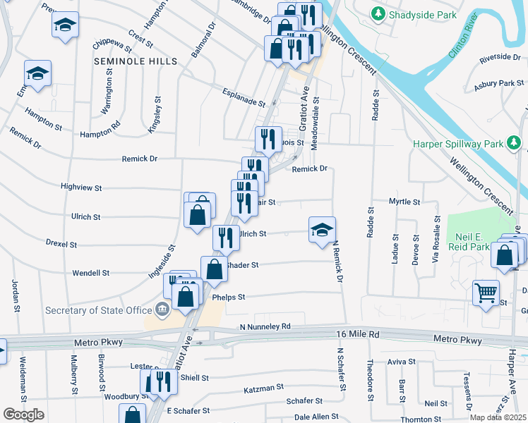 map of restaurants, bars, coffee shops, grocery stores, and more near 37930 South Gratiot Avenue in Clinton Township
