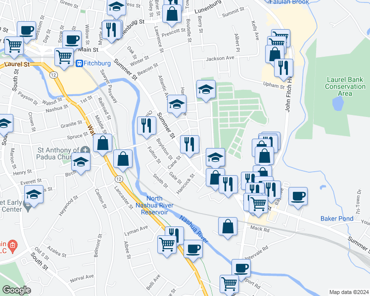 map of restaurants, bars, coffee shops, grocery stores, and more near 176 Summer Street in Fitchburg
