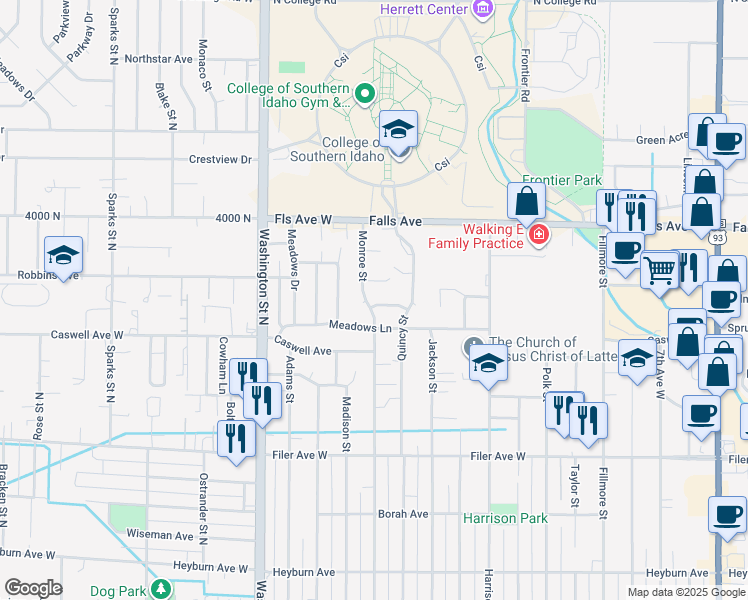 map of restaurants, bars, coffee shops, grocery stores, and more near 306 Monroe Circle in Twin Falls