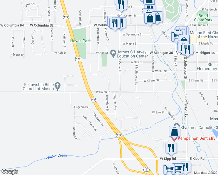 map of restaurants, bars, coffee shops, grocery stores, and more near 724 Peachtree Place in Mason