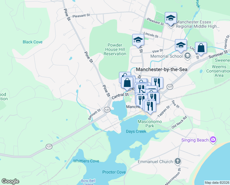 map of restaurants, bars, coffee shops, grocery stores, and more near 6 Morse Court in Manchester-by-the-Sea