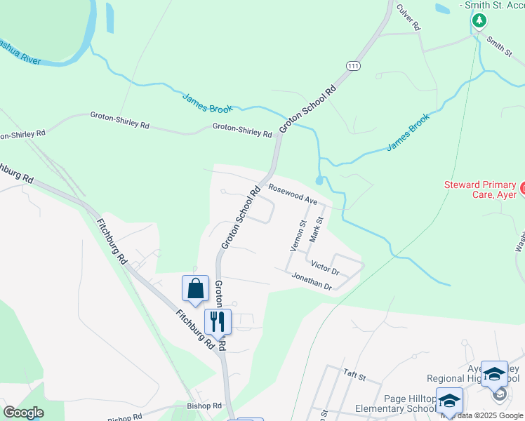 map of restaurants, bars, coffee shops, grocery stores, and more near 75 Groton School Road in Ayer