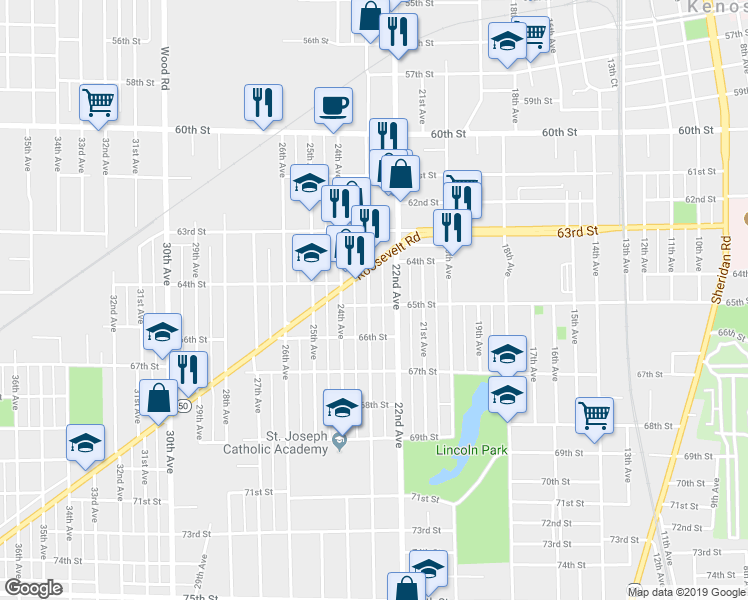 map of restaurants, bars, coffee shops, grocery stores, and more near 6417 23rd Avenue in Kenosha