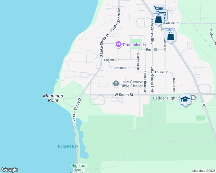 map of restaurants, bars, coffee shops, grocery stores, and more near 531 Maple Street in Lake Geneva