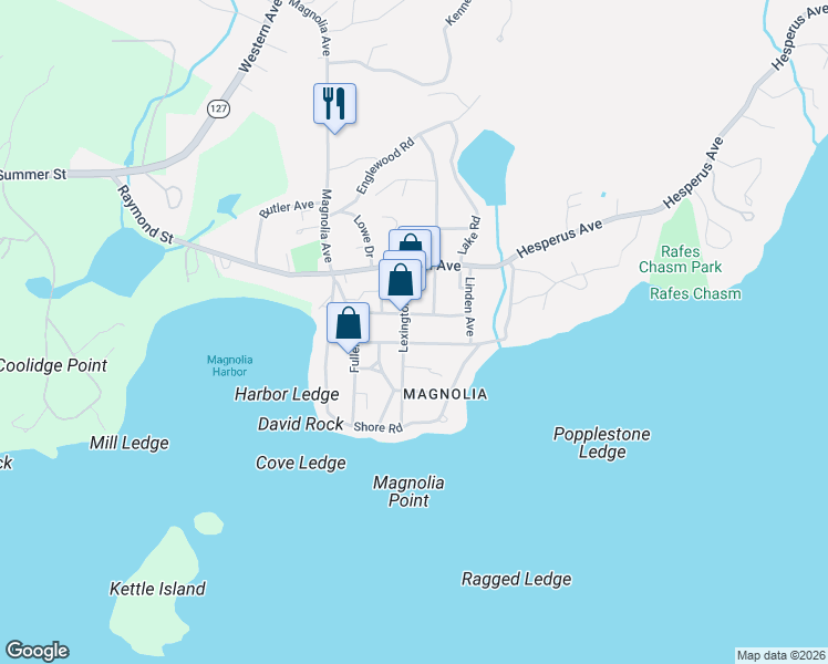 map of restaurants, bars, coffee shops, grocery stores, and more near 2 Ocean Avenue in Gloucester