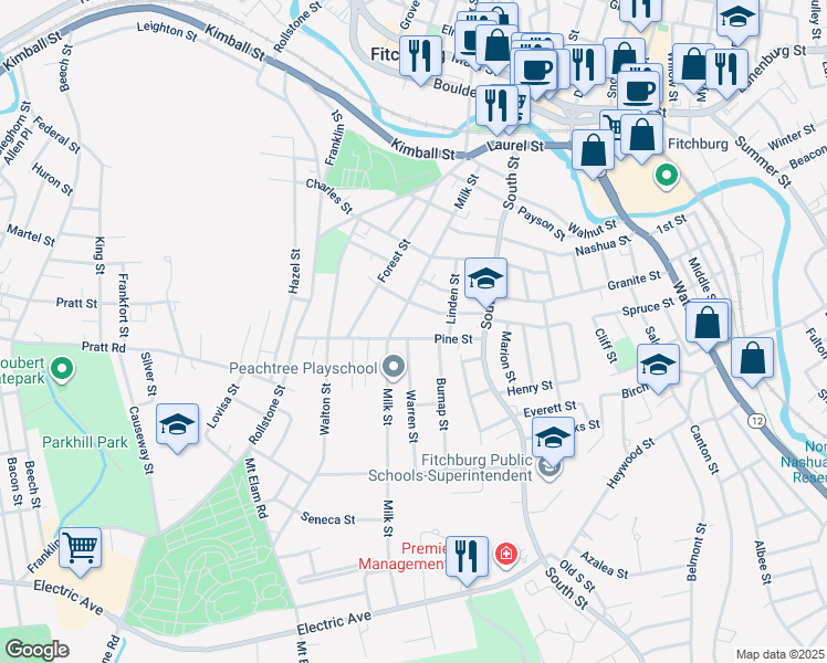 map of restaurants, bars, coffee shops, grocery stores, and more near 34 Otis Street in Fitchburg