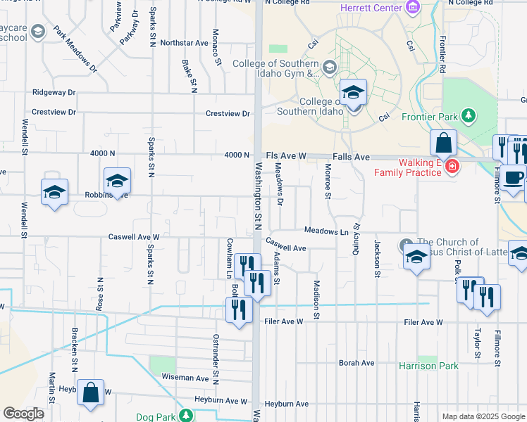 map of restaurants, bars, coffee shops, grocery stores, and more near 785 North 2900 East in Twin Falls