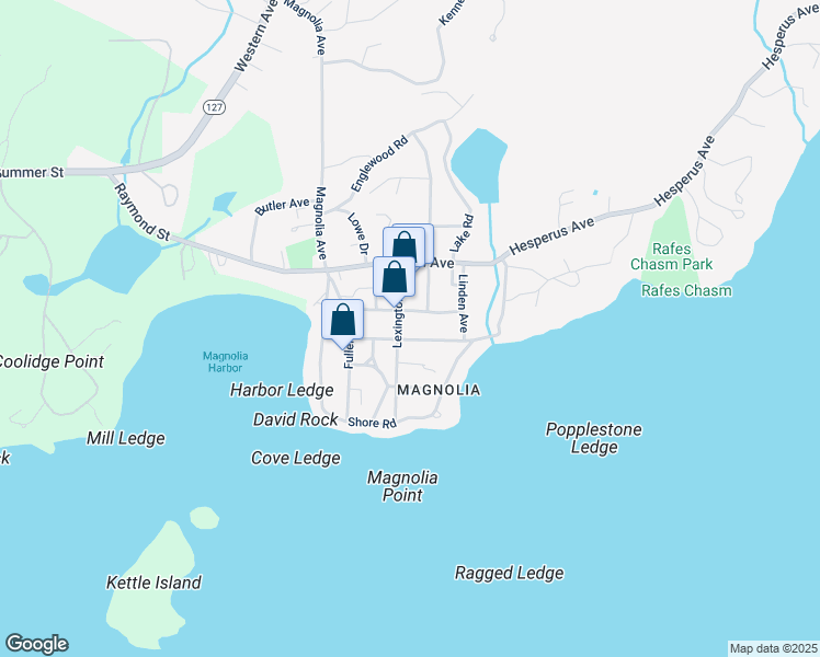 map of restaurants, bars, coffee shops, grocery stores, and more near 2 Ocean Avenue in Gloucester