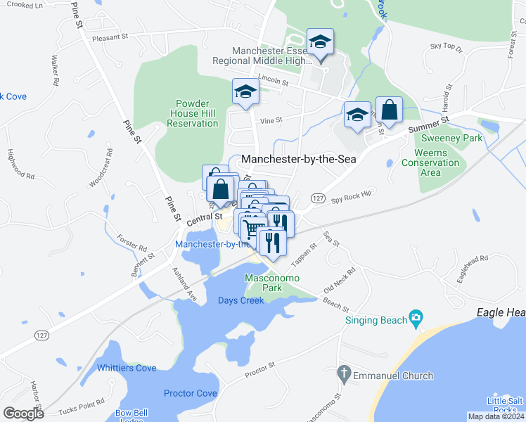 map of restaurants, bars, coffee shops, grocery stores, and more near 19 School Street in Manchester-by-the-Sea
