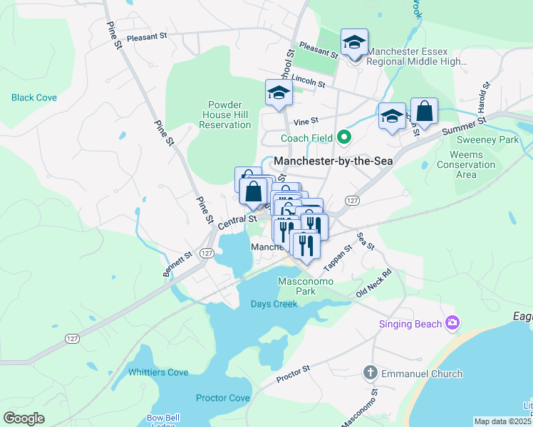 map of restaurants, bars, coffee shops, grocery stores, and more near 12 School Street in Manchester-by-the-Sea