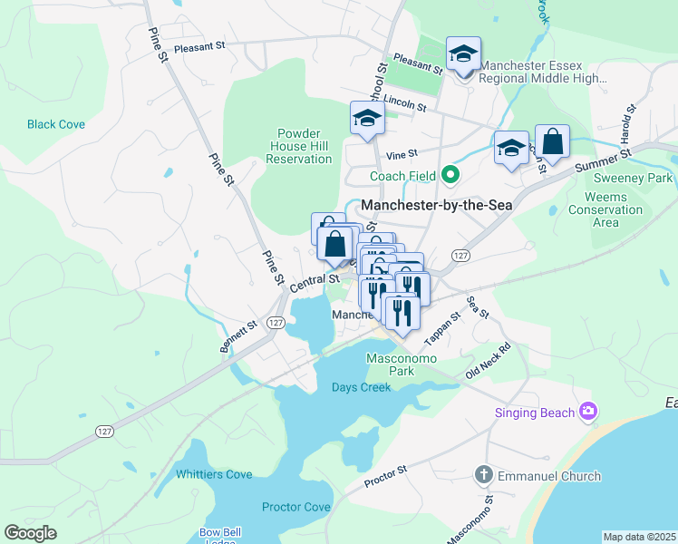 map of restaurants, bars, coffee shops, grocery stores, and more near 12 School Street in Manchester-by-the-Sea