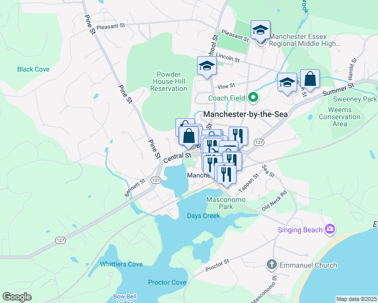 map of restaurants, bars, coffee shops, grocery stores, and more near 6 Elm Street in Manchester-by-the-Sea
