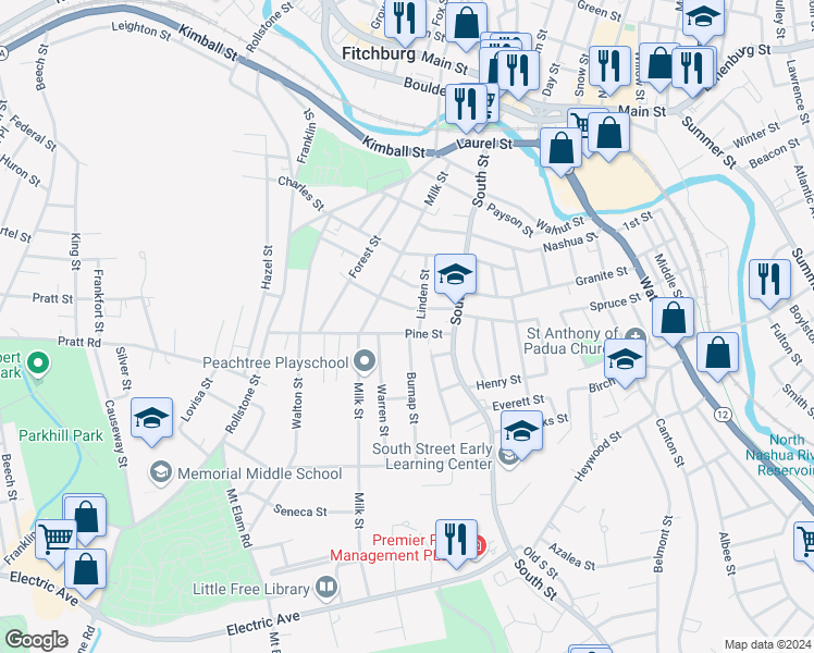 map of restaurants, bars, coffee shops, grocery stores, and more near 16 Otis Street in Fitchburg