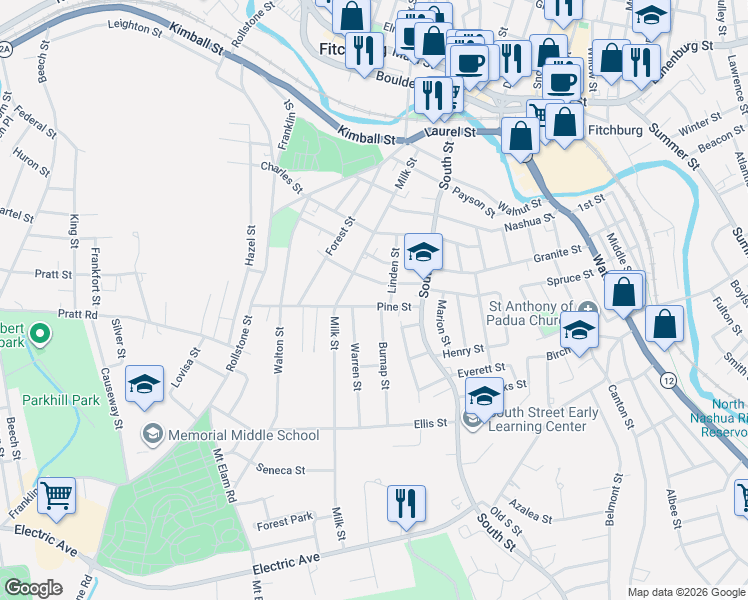 map of restaurants, bars, coffee shops, grocery stores, and more near 34 Otis Street in Fitchburg