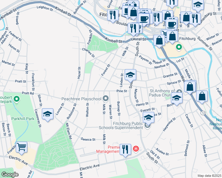 map of restaurants, bars, coffee shops, grocery stores, and more near 34 Otis Street in Fitchburg