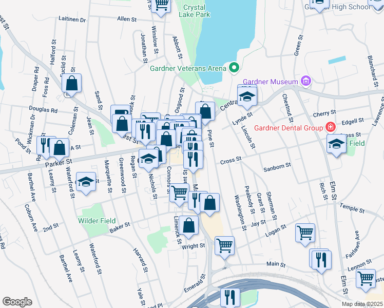 map of restaurants, bars, coffee shops, grocery stores, and more near 308 Central Street in Gardner