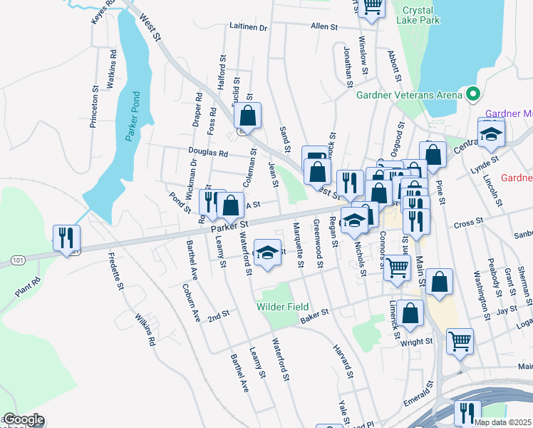map of restaurants, bars, coffee shops, grocery stores, and more near 6 A Street in Gardner