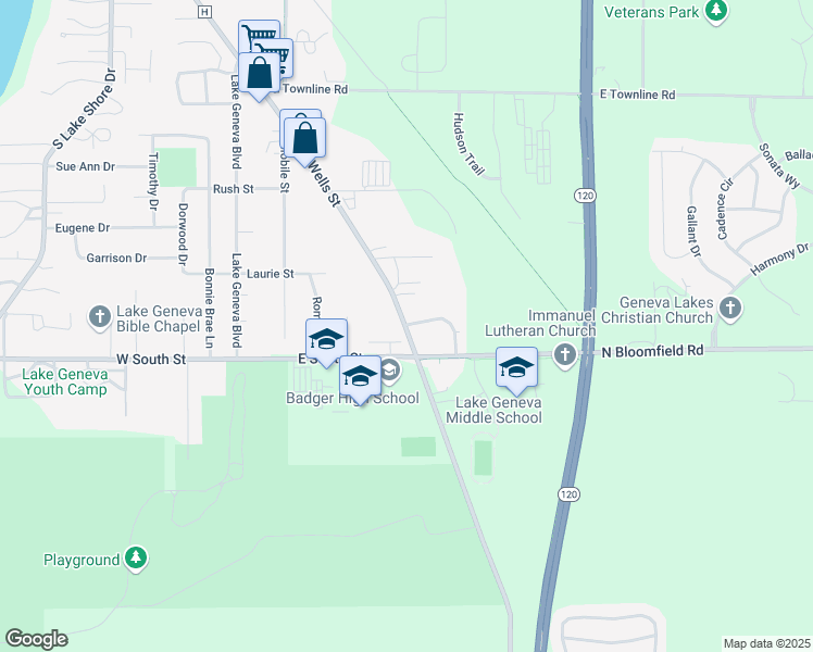 map of restaurants, bars, coffee shops, grocery stores, and more near 1151 South Wells Street in Lake Geneva