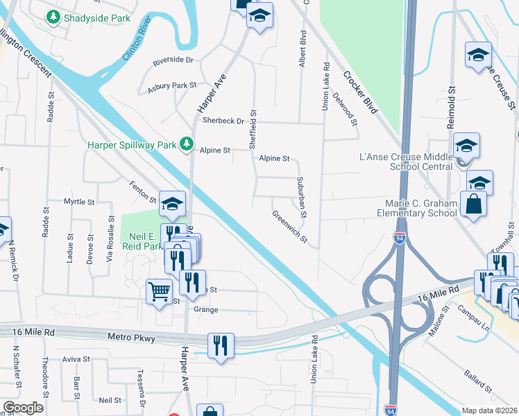 map of restaurants, bars, coffee shops, grocery stores, and more near 37930 Sheffield Street in Clinton Township