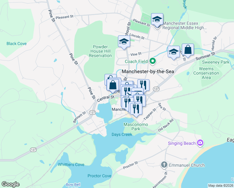 map of restaurants, bars, coffee shops, grocery stores, and more near 3 Central Street in Manchester-by-the-Sea