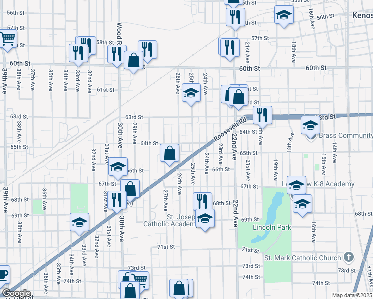 map of restaurants, bars, coffee shops, grocery stores, and more near 6410 25th Avenue in Kenosha
