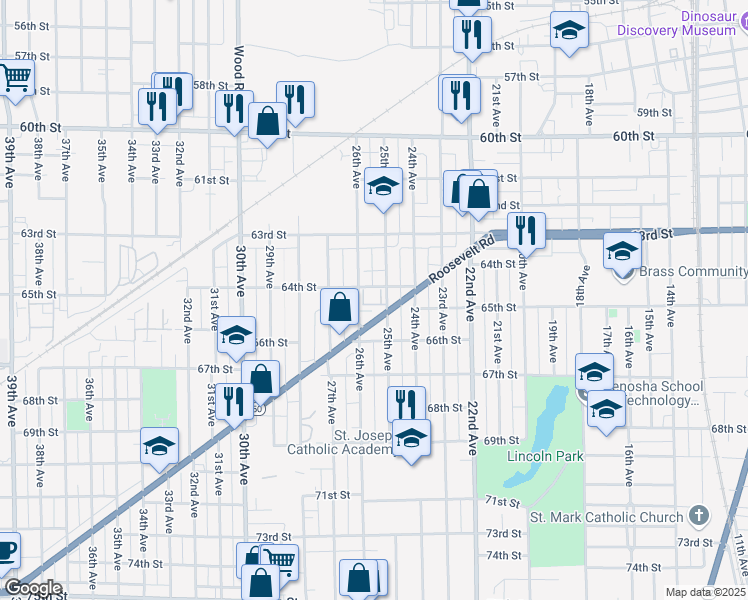 map of restaurants, bars, coffee shops, grocery stores, and more near 6410 25th Avenue in Kenosha