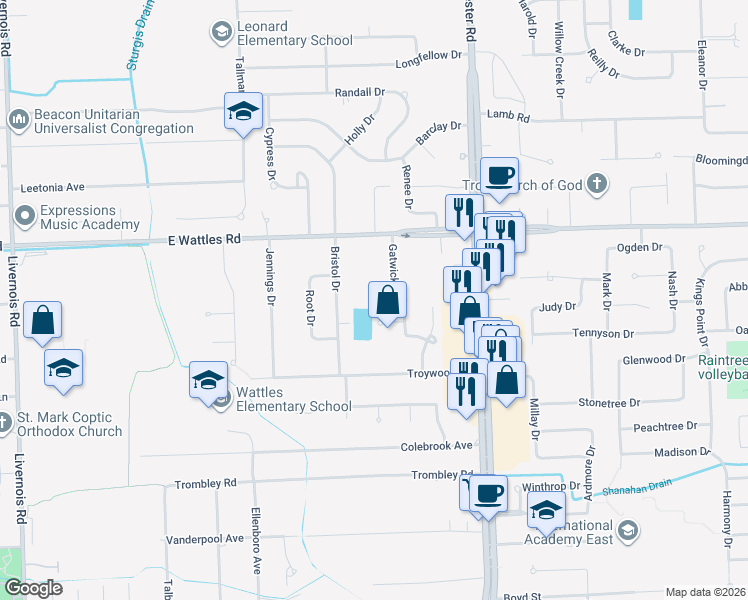map of restaurants, bars, coffee shops, grocery stores, and more near 752 Island Court in Troy