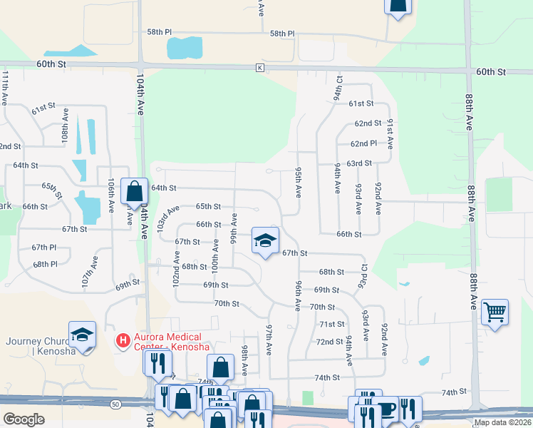map of restaurants, bars, coffee shops, grocery stores, and more near 9704 65th Street in Kenosha