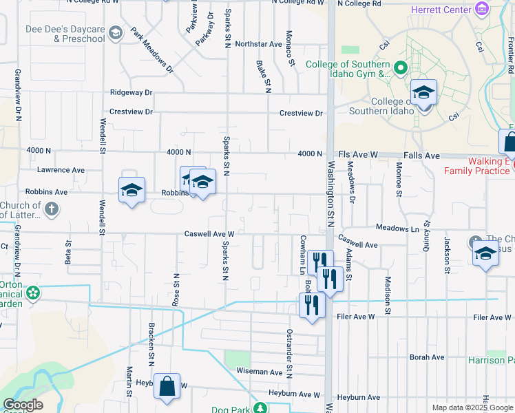 map of restaurants, bars, coffee shops, grocery stores, and more near 293 Robbins Avenue in Twin Falls
