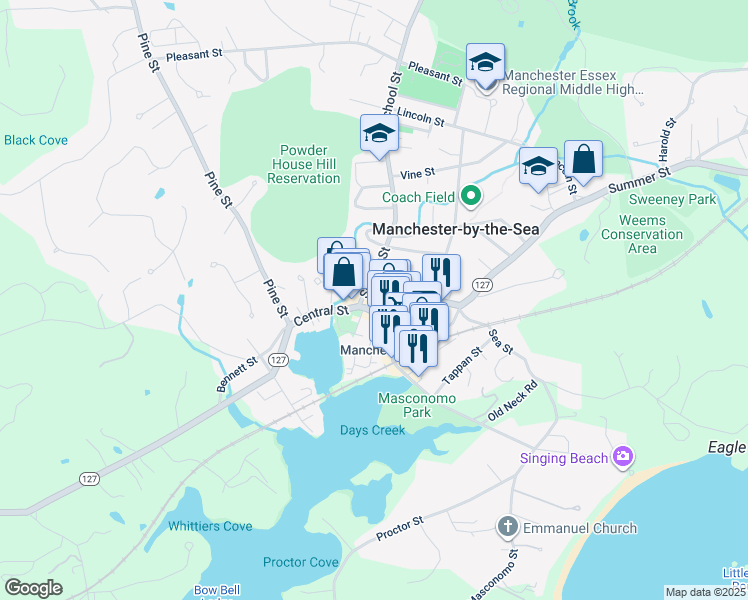 map of restaurants, bars, coffee shops, grocery stores, and more near 12 School Street in Manchester-by-the-Sea