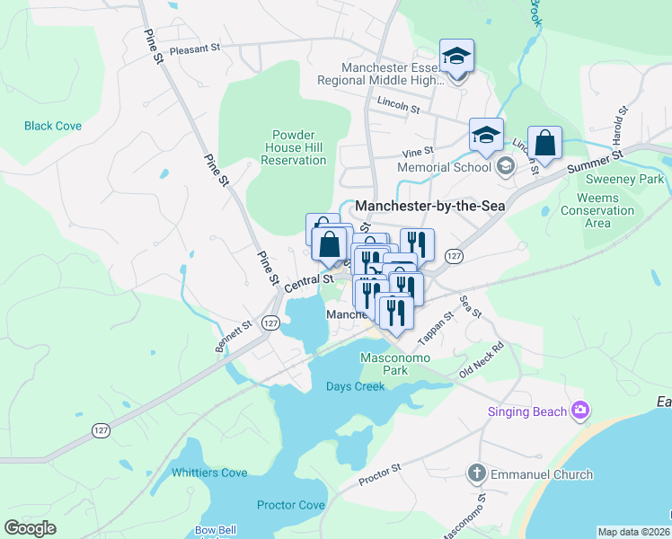 map of restaurants, bars, coffee shops, grocery stores, and more near 12 School Street in Manchester-by-the-Sea