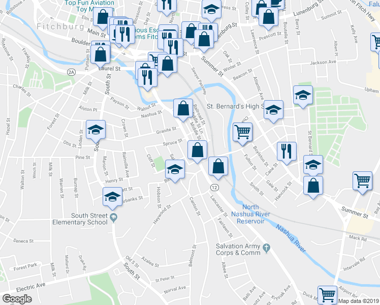 map of restaurants, bars, coffee shops, grocery stores, and more near 339 Water Street in Fitchburg