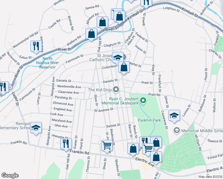 map of restaurants, bars, coffee shops, grocery stores, and more near 76 Chester Street in Fitchburg