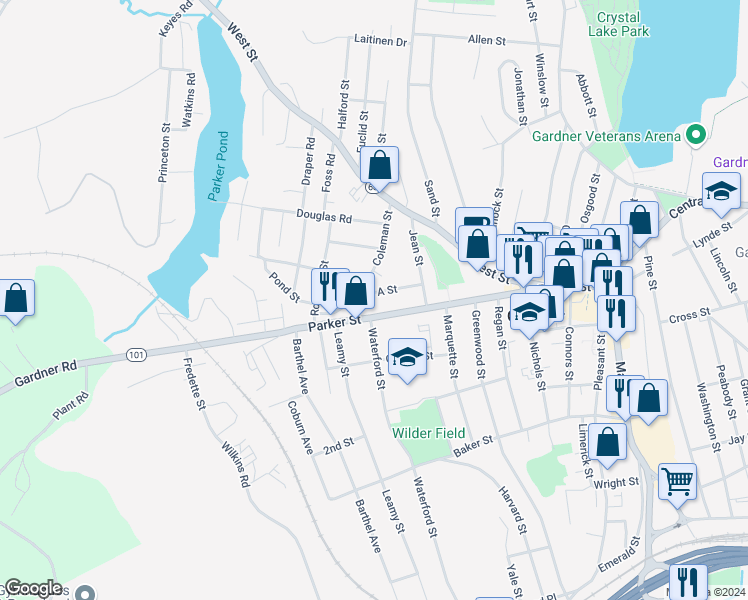 map of restaurants, bars, coffee shops, grocery stores, and more near 33 A Street in Gardner