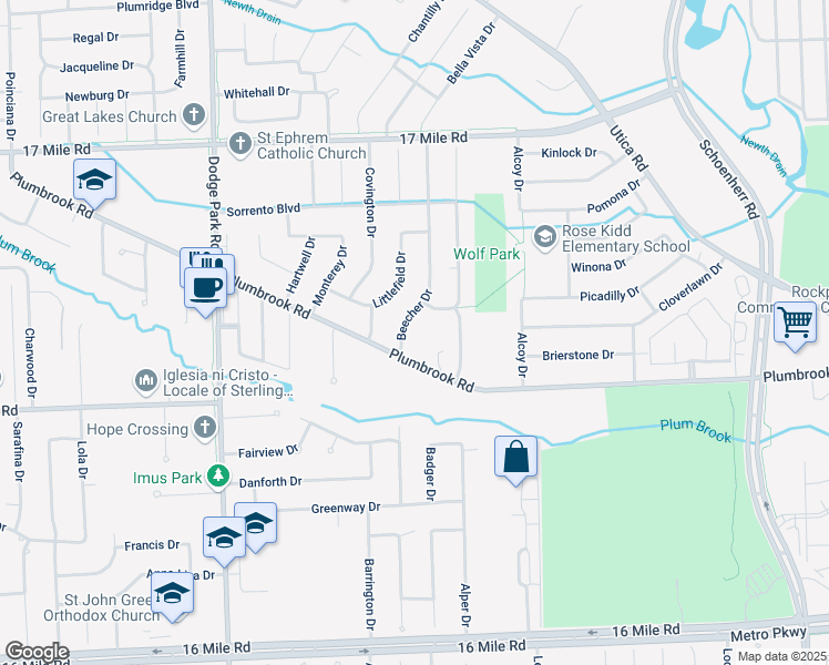 map of restaurants, bars, coffee shops, grocery stores, and more near 12450 Monsbrook Drive in Sterling Heights