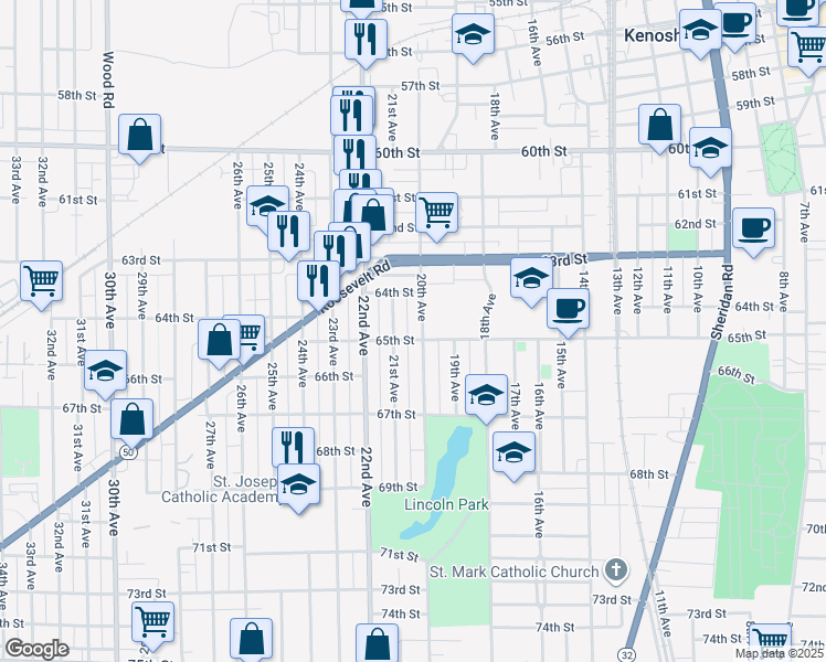 map of restaurants, bars, coffee shops, grocery stores, and more near 6427 21st Avenue in Kenosha
